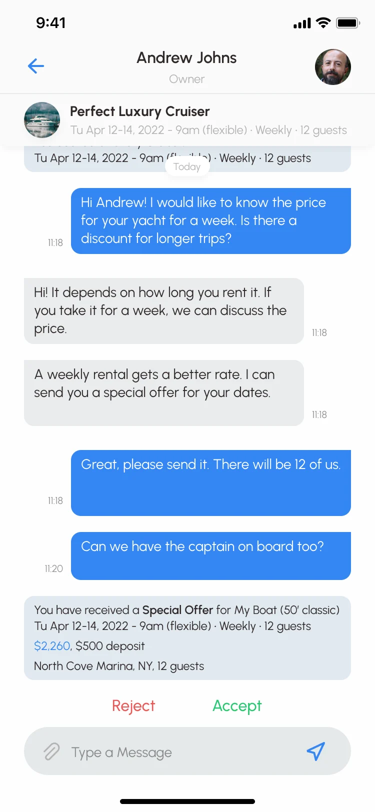 Sailo iOS chat with owner Andrew Johns about a weekly rental of Perfect Luxury Cruiser, ending with a special offer card of $2,260 and a $500 deposit at North Cove Marina for 12 guests, with Reject and Accept