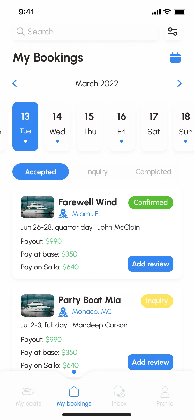 Sailo iOS owner bookings for March 2022: Farewell Wind confirmed and Party Boat Mia as an inquiry, each with its dates, renter, a $990 payout, $350 paid at base and $640 paid on Sailo