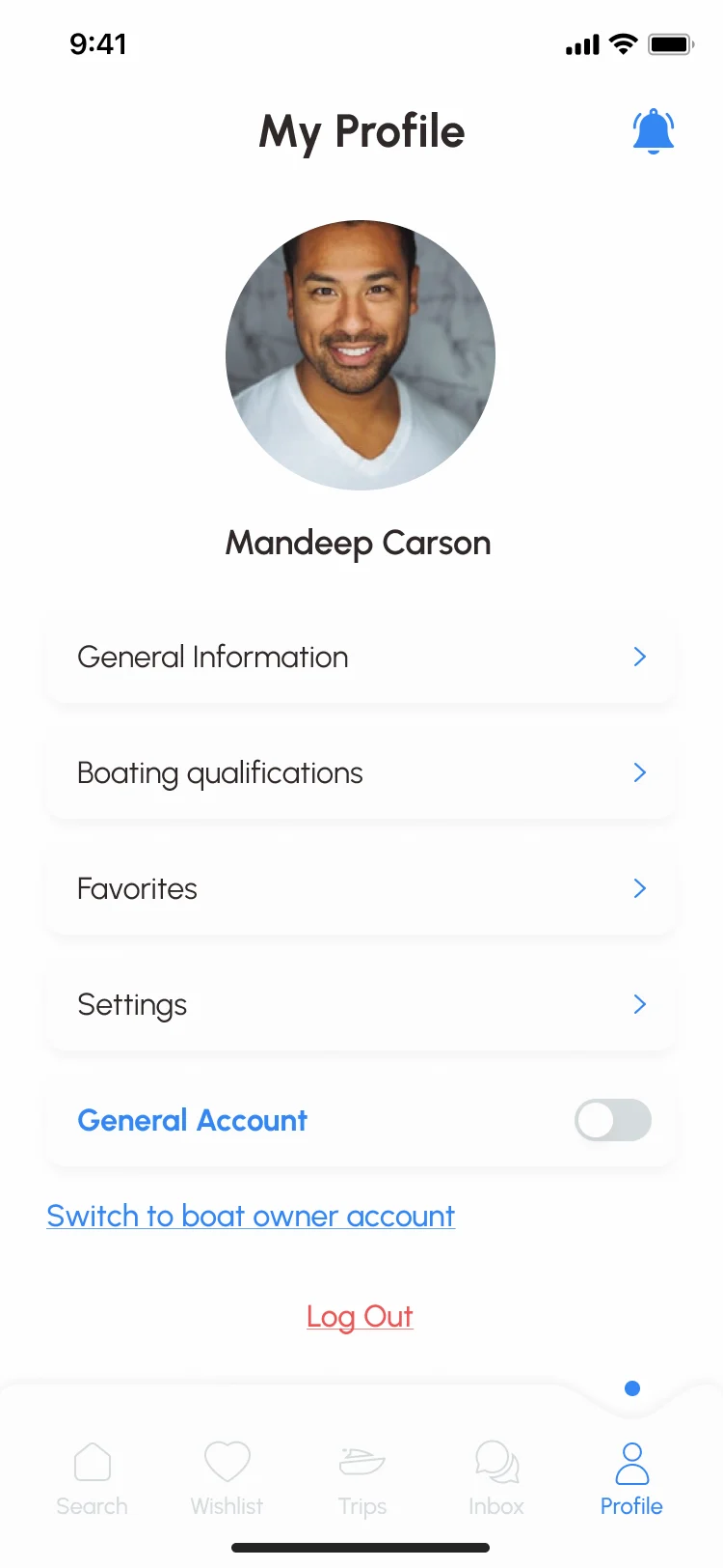 Sailo renter profile for Mandeep Carson: general information, boating qualifications, favorites, settings, general account, Switch to boat owner account and Log Out, above the tab bar