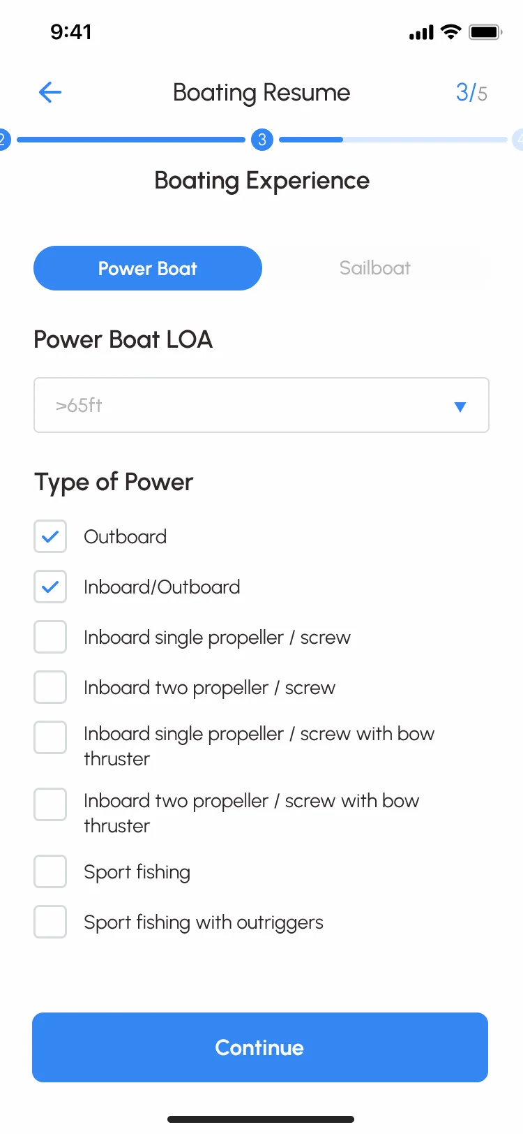 Sailo iOS boating resume, step 3 of 5: power boat experience with the boat’s length and type of power, from outboard to twin propellers with bow thruster