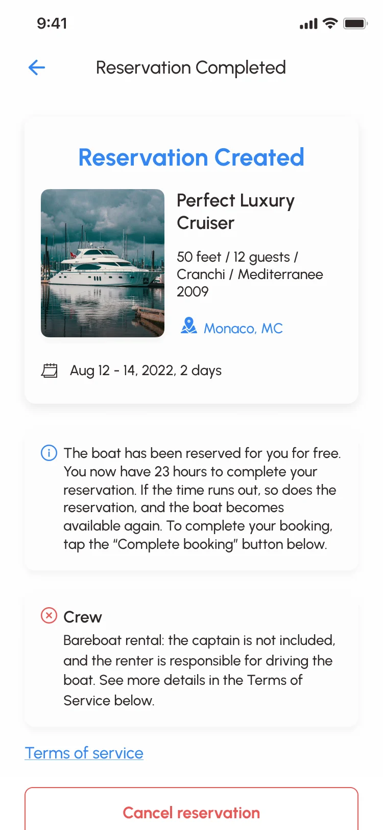 Sailo iOS Reservation Created for Perfect Luxury Cruiser, Aug 12 to 14, 2022: the boat is held for free for 23 hours, then released; a bareboat notice that the renter drives the boat; Cancel reservation