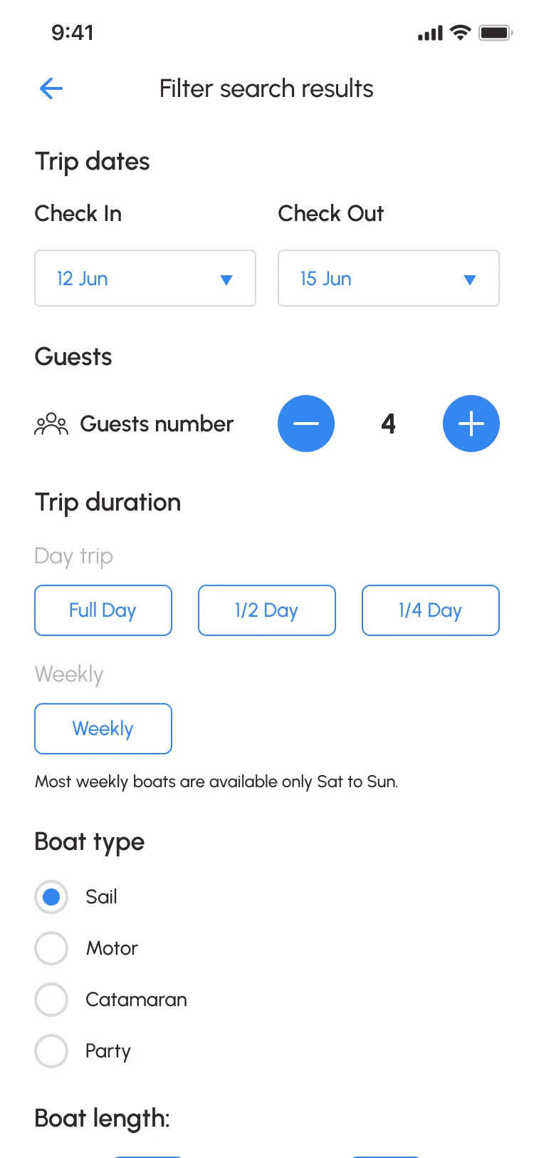 Sailo iOS filters: check-in and check-out dates, number of guests, trip duration from a quarter day to weekly, boat type and boat length