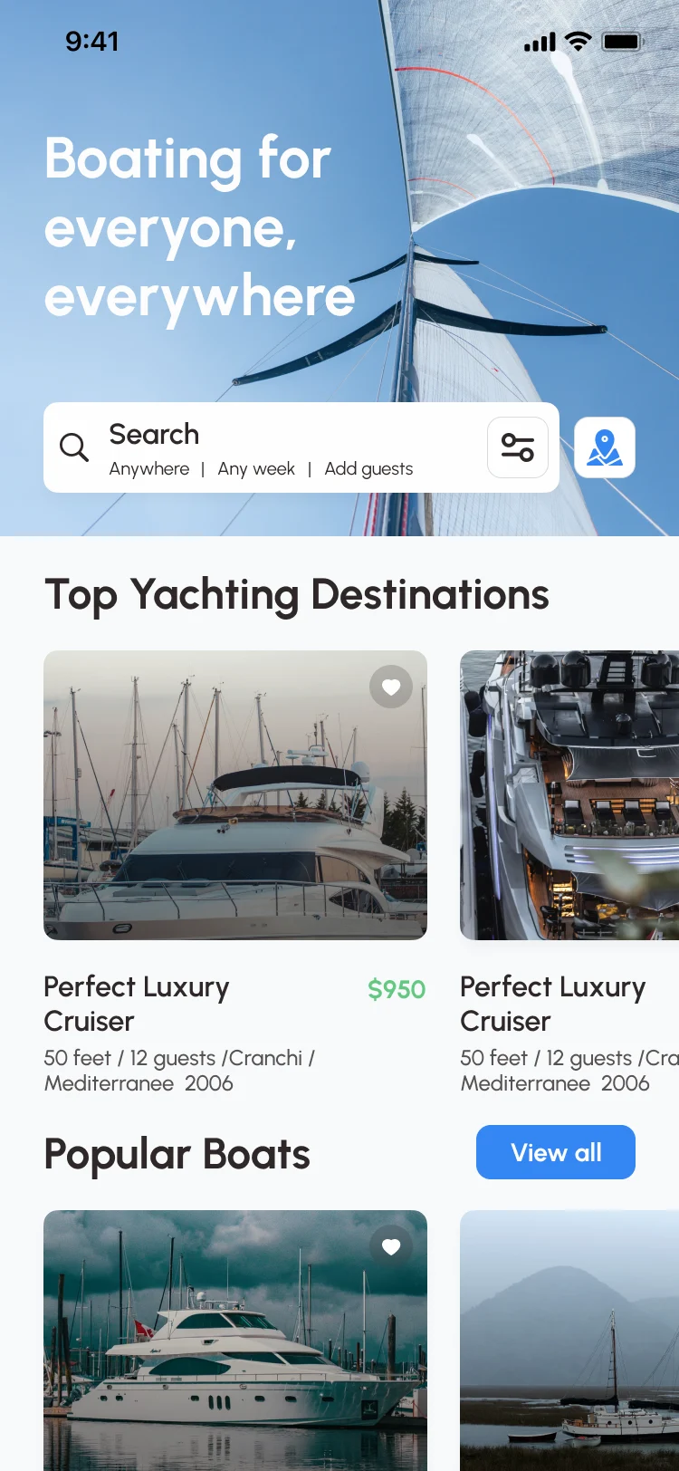 Sailo iOS home: Boating for everyone, everywhere, a search for place, week and guests, top yachting destinations with boats from $450, and popular boats