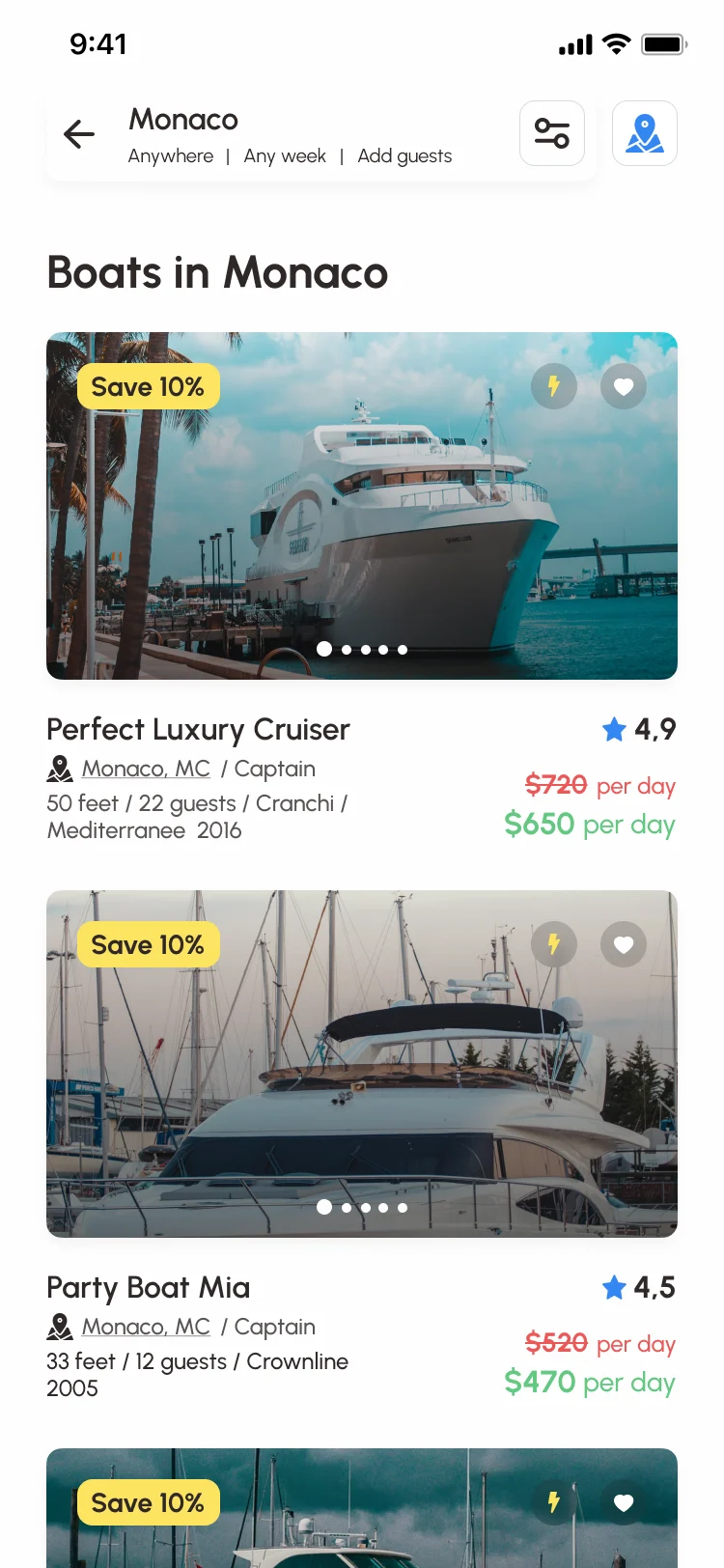 Sailo iOS results for boats in Monaco: Perfect Luxury Cruiser at $650 a day instead of $720, and Party Boat Mia at $470 instead of $520, each with a 10% saving, rating, size, guests and captain