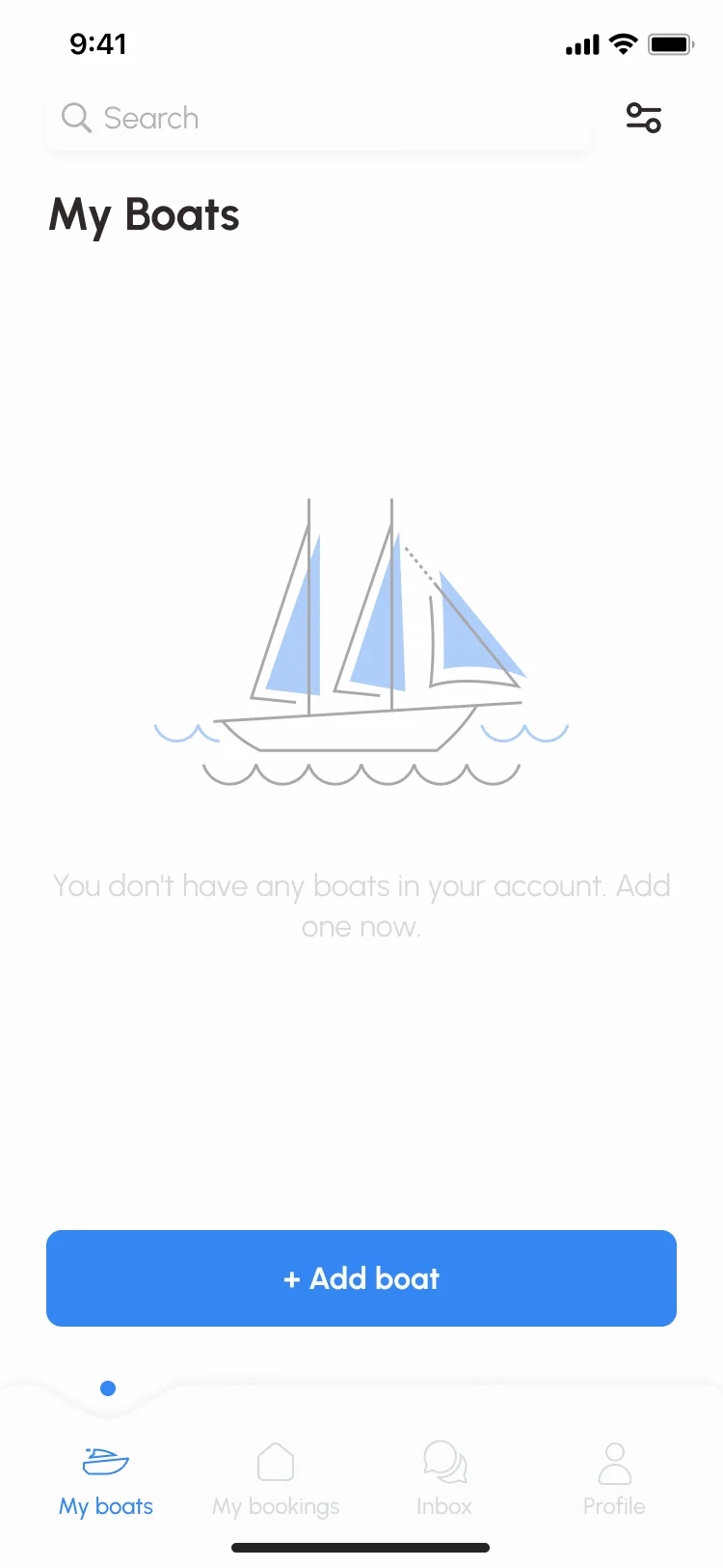 Sailo iOS owner’s My Boats, empty: a sailboat illustration, You don’t have any boats in your account, and Add boat