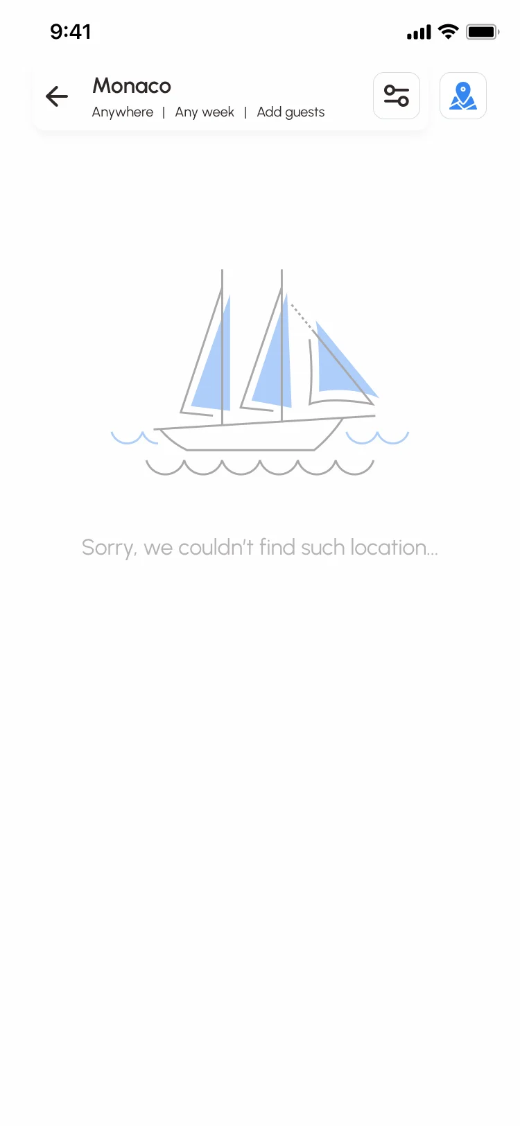 Sailo iOS search with a sailboat illustration and the message Sorry, we couldn’t find such location