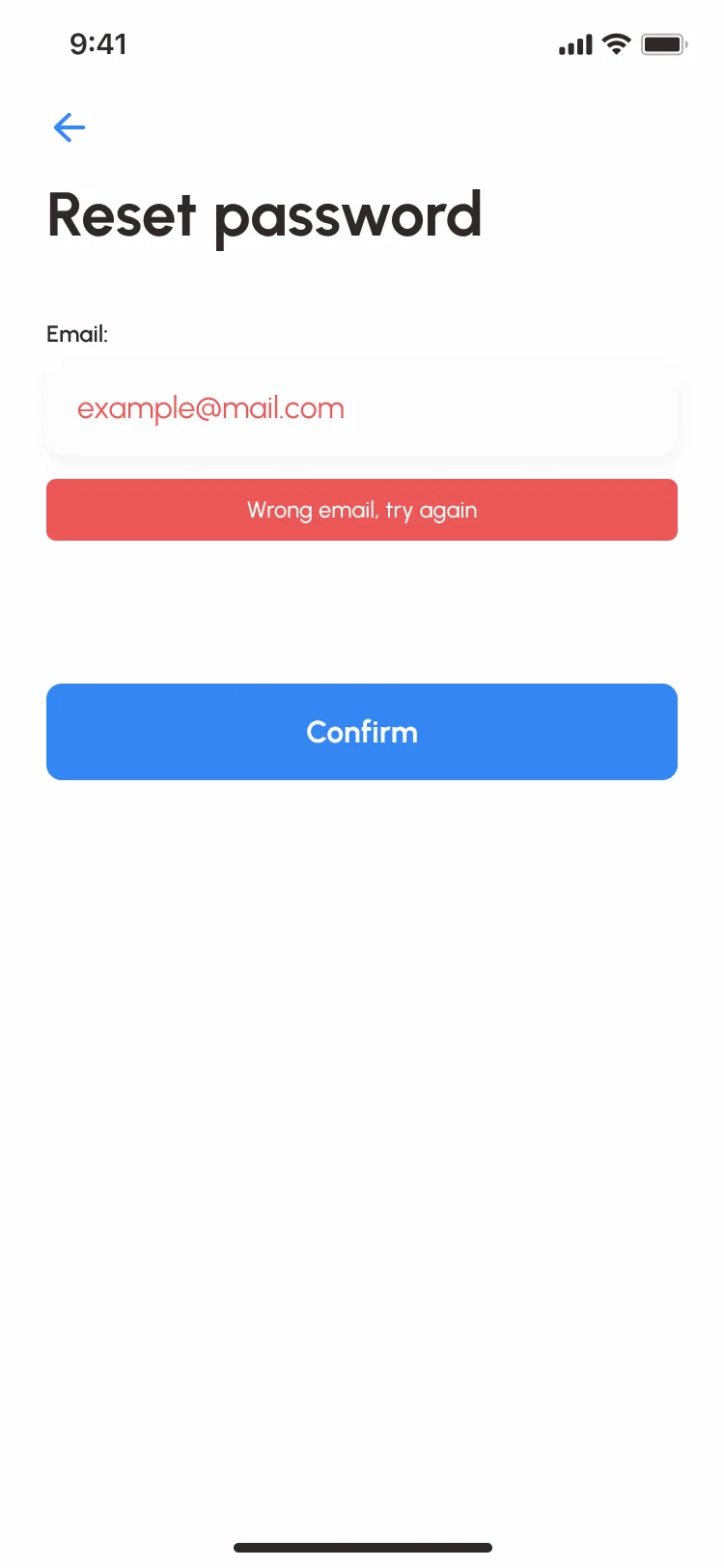 Sailo iOS reset password with the email field in red and the message Wrong email, try again