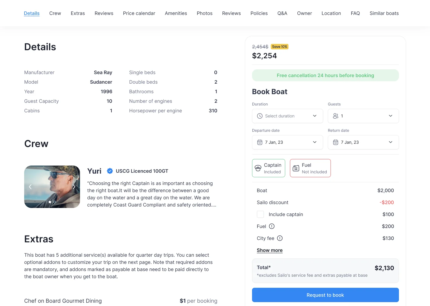 Sailo web boat page at 1440 pixels: details, crew and extras on the left, the Book Boat card on the right with duration, guests, dates, captain included, fuel not included, the itemised price, a $2,130 total and Request to book