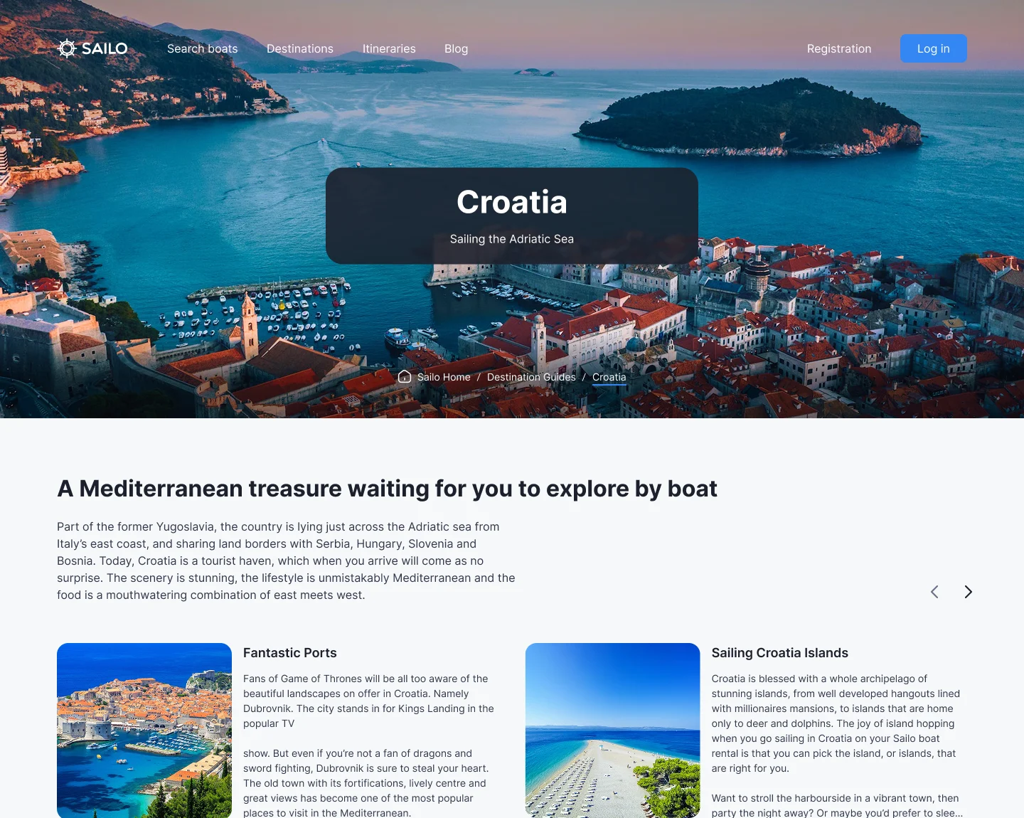 Sailo destination page for Croatia, Sailing the Adriatic Sea: an aerial photo of Dubrovnik, an introduction and cards on its ports and islands