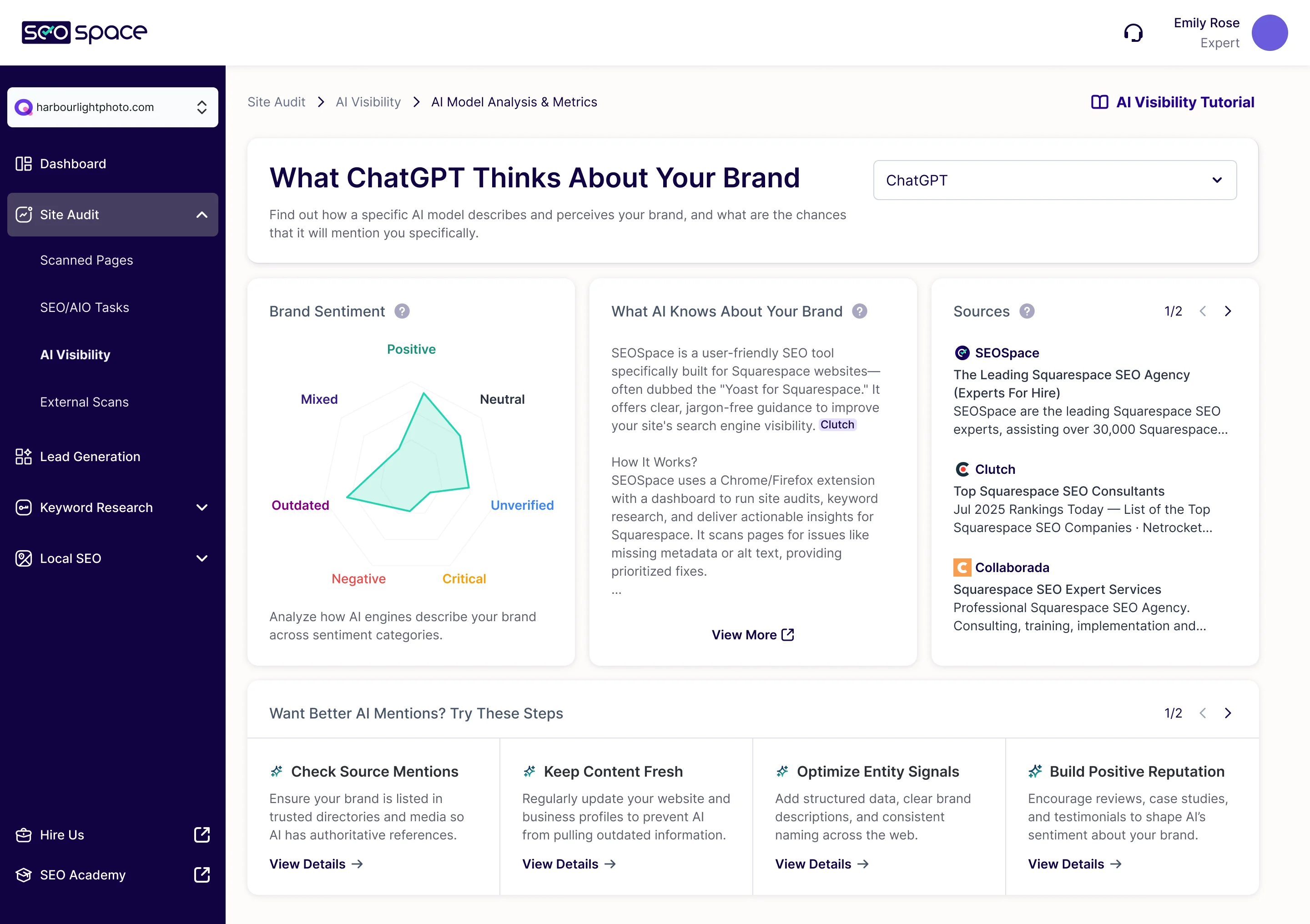 What ChatGPT Thinks About Your Brand: a brand sentiment radar, what the AI knows about the brand, the sources it cites, and four steps to better AI mentions