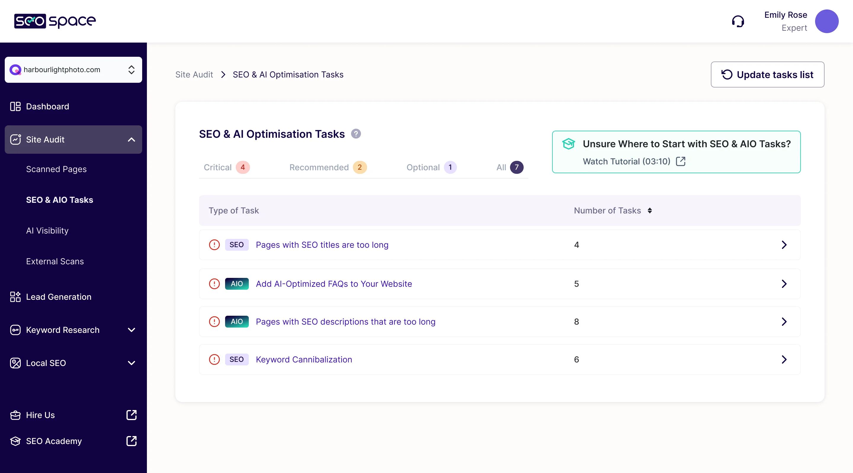 SEO and AI Optimisation Tasks: critical, recommended and optional tabs, a list of task types tagged SEO or AIO with their counts, and a tutorial link