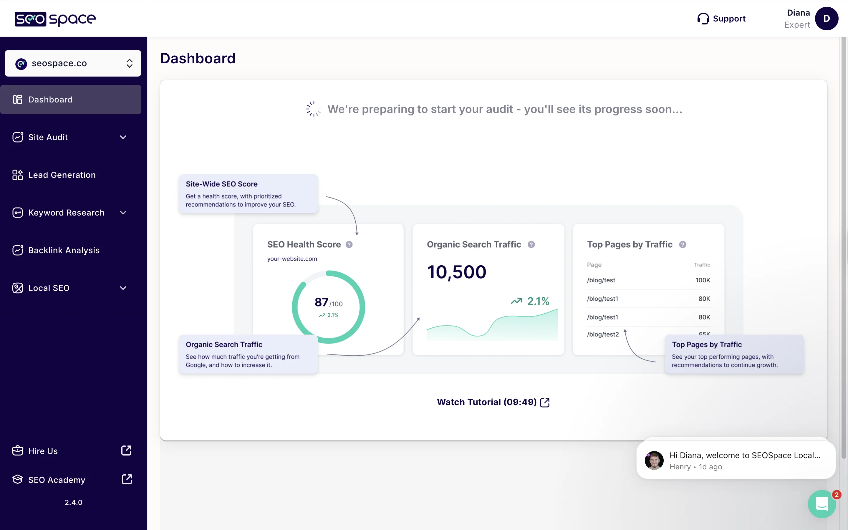 SEOSpace dashboard before the redesign: a waiting message over a sample preview of the SEO health score, organic search traffic and top pages cards, with callouts and a tutorial link
