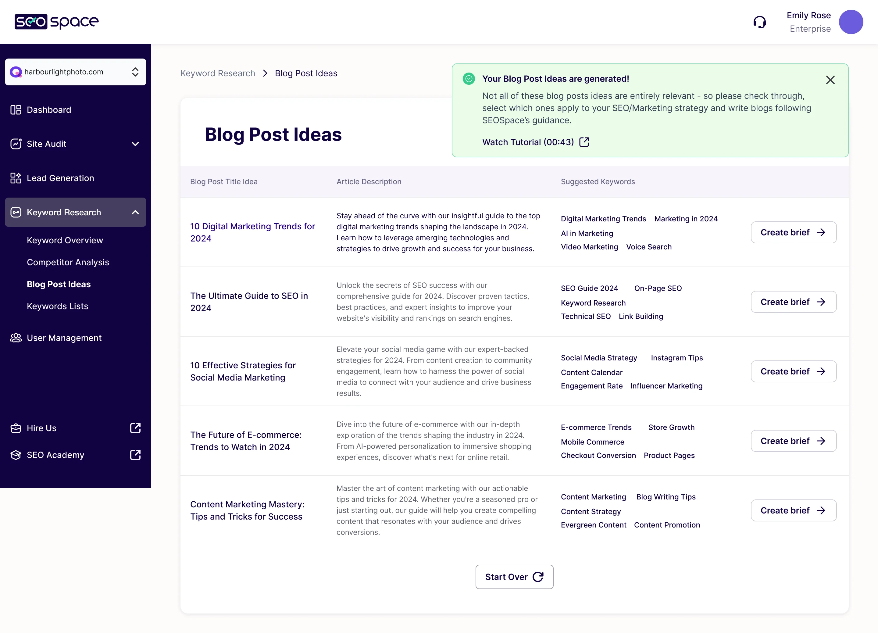 Blog Post Ideas: a table of titles, descriptions and suggested keywords with a create-brief button on each, and a notice to check the ideas before writing