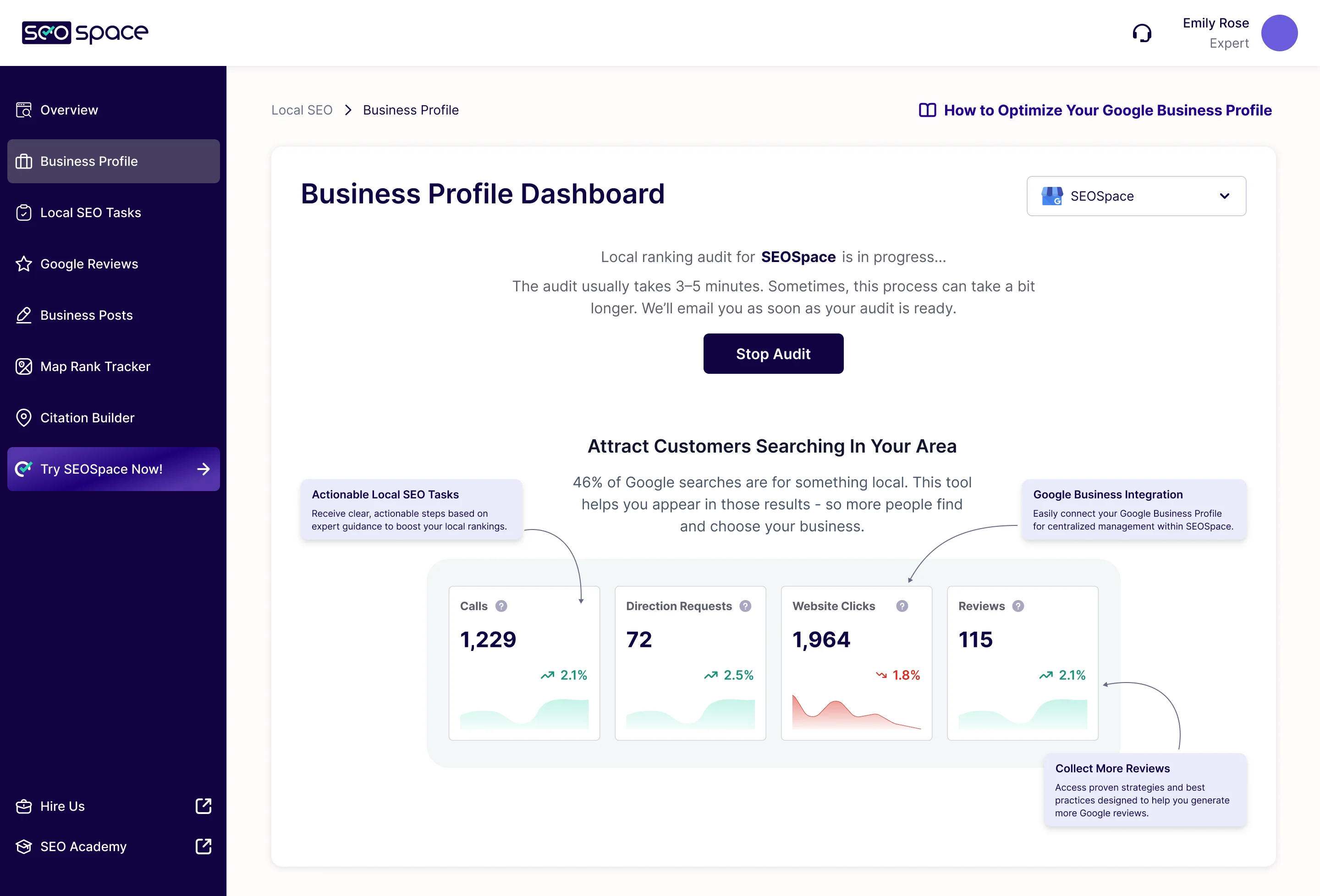 Business Profile Dashboard with a local ranking audit in progress, its expected duration and a stop button, above calls, direction requests, website clicks and reviews
