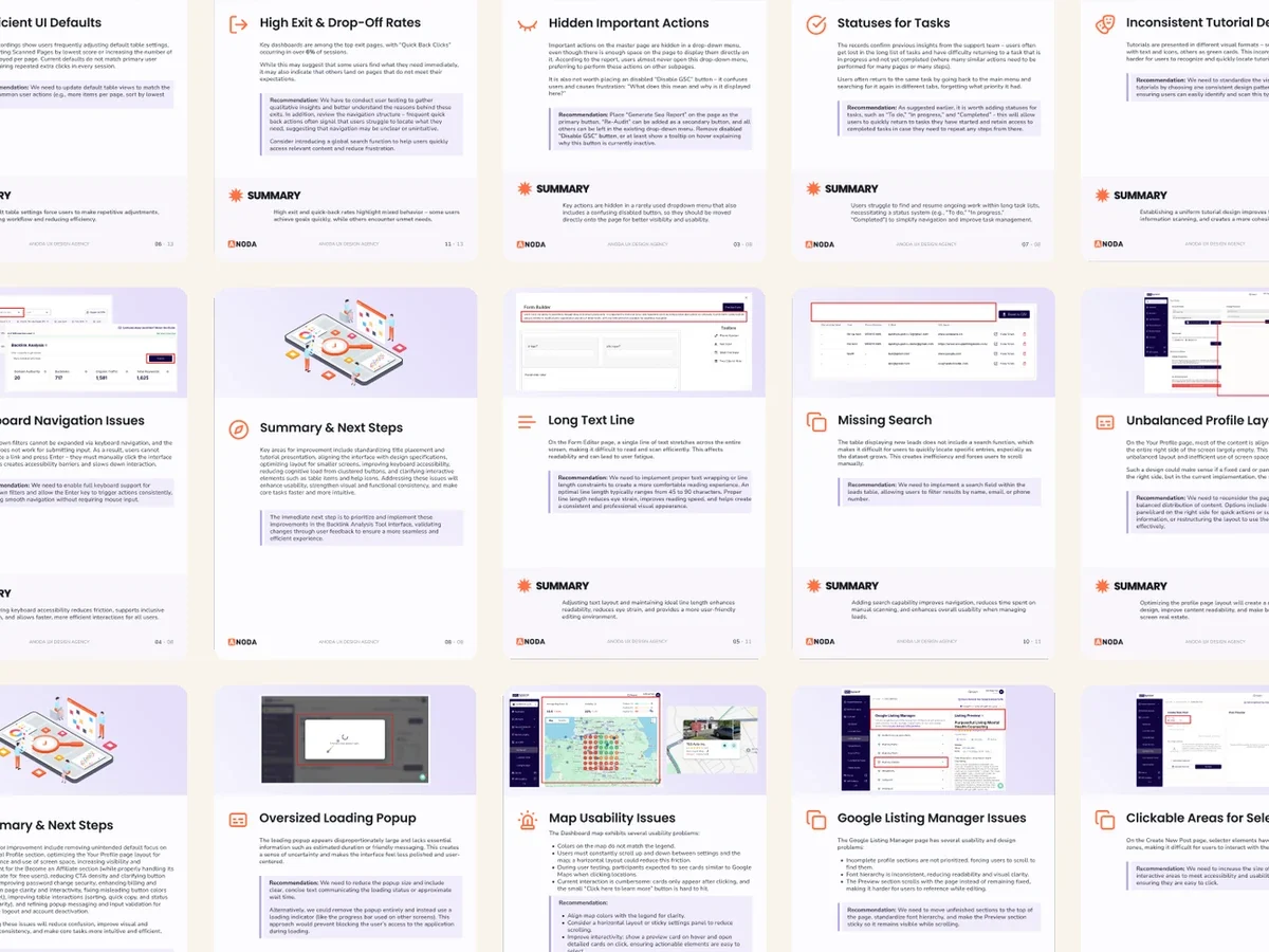Pages of the SEOSpace UX audit laid out side by side, each naming one finding with its screenshot, the problem, a recommendation and a summary