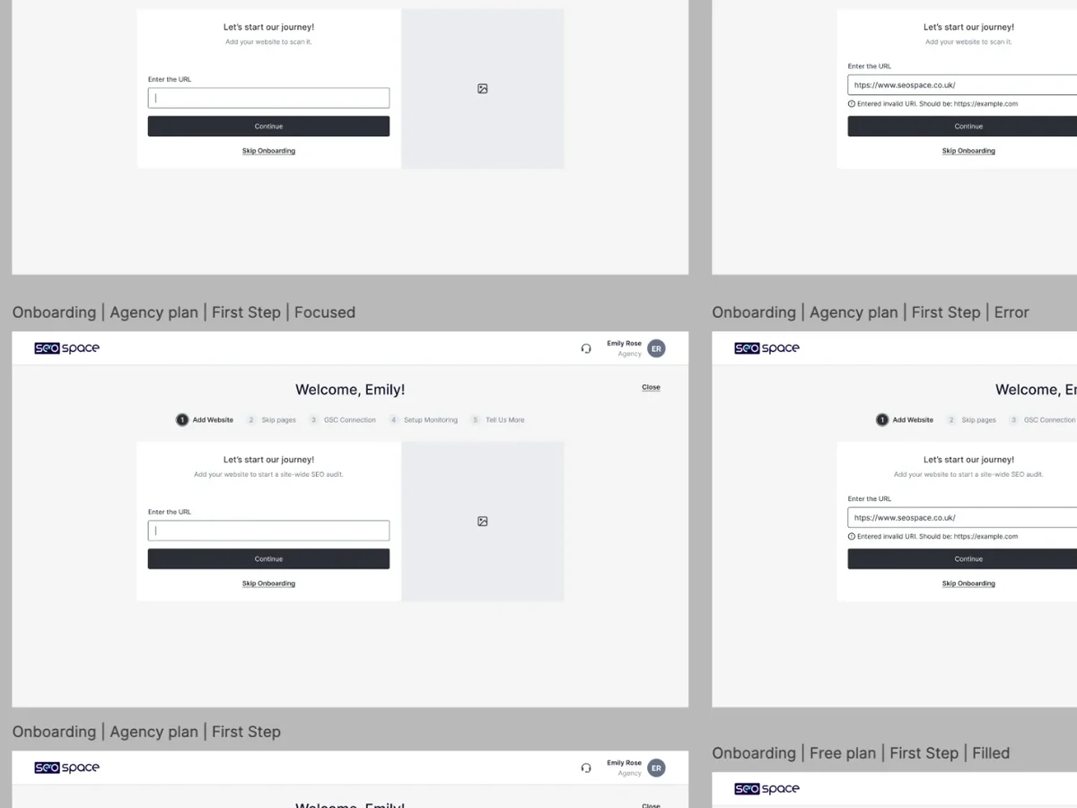SEOSpace onboarding wireframes for the agency plan: the first step, adding a website, focused and with an invalid URL error