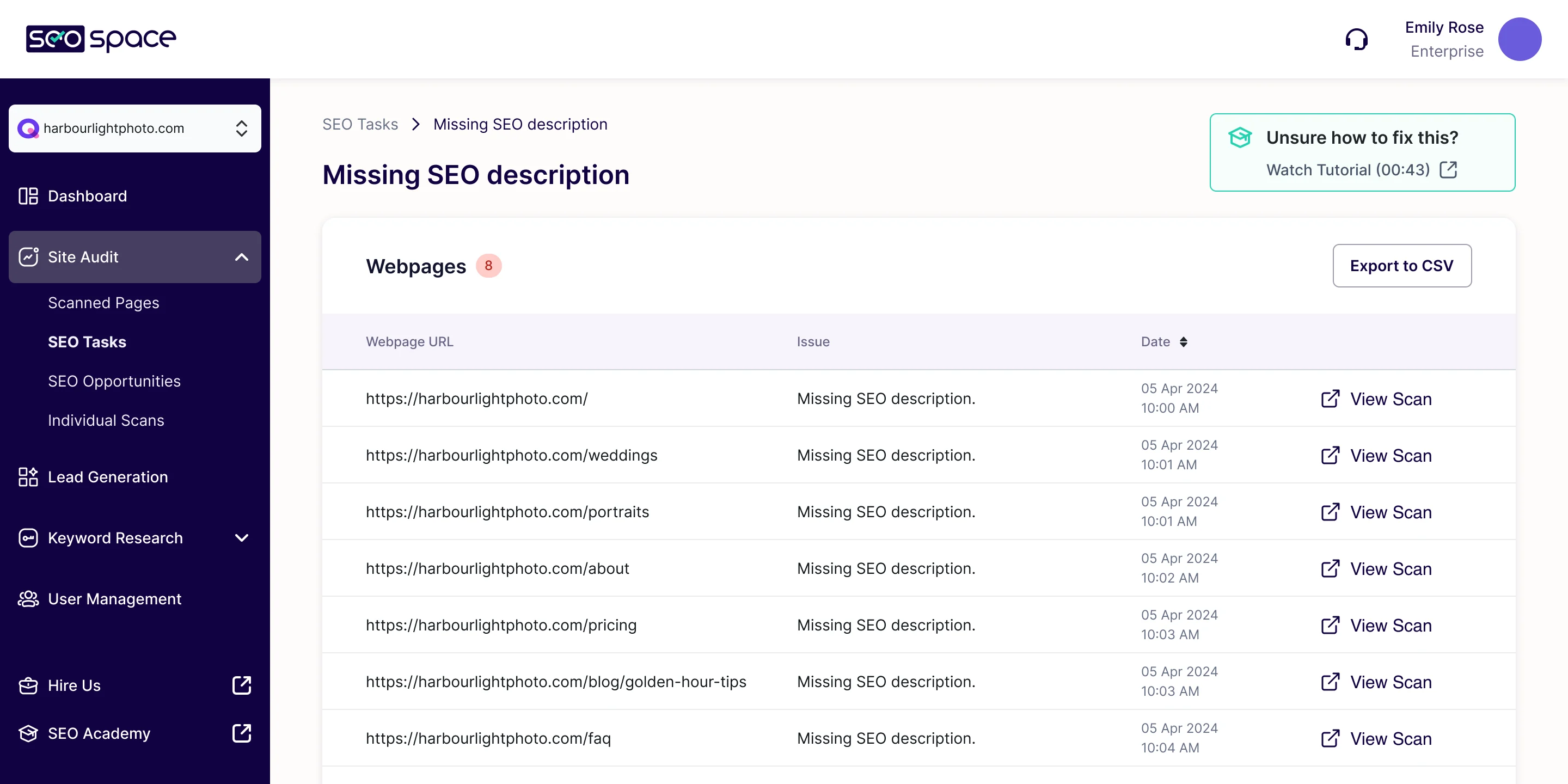 The Missing SEO description task: the affected pages of harbourlightphoto.com with their scan times, a View Scan link on each, export to CSV and a tutorial link