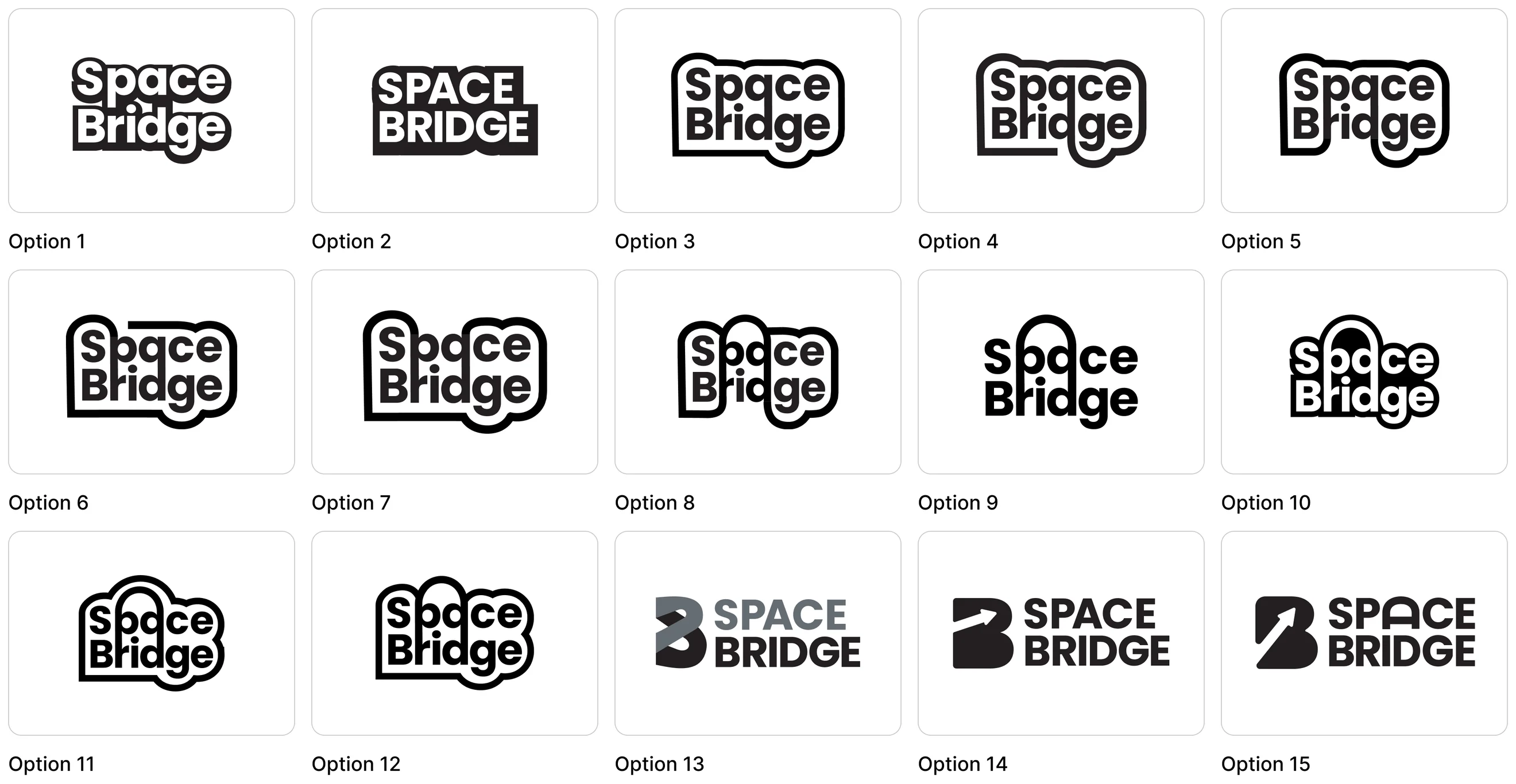 Fifteen SpaceBridge logo options: rounded and outlined wordmarks first, then the letter-B mark beside a SPACE BRIDGE wordmark