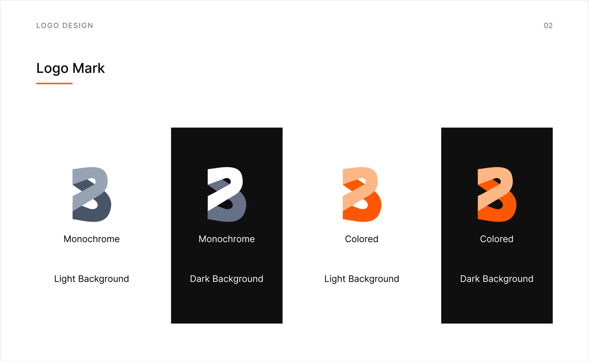 Logo mark page: the B mark in monochrome and orange, each on a light and a dark background