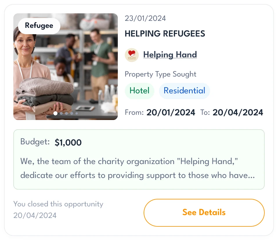 The same request as its charity sees it after the period: a note that the charity closed it on 20/04/2024 and See Details