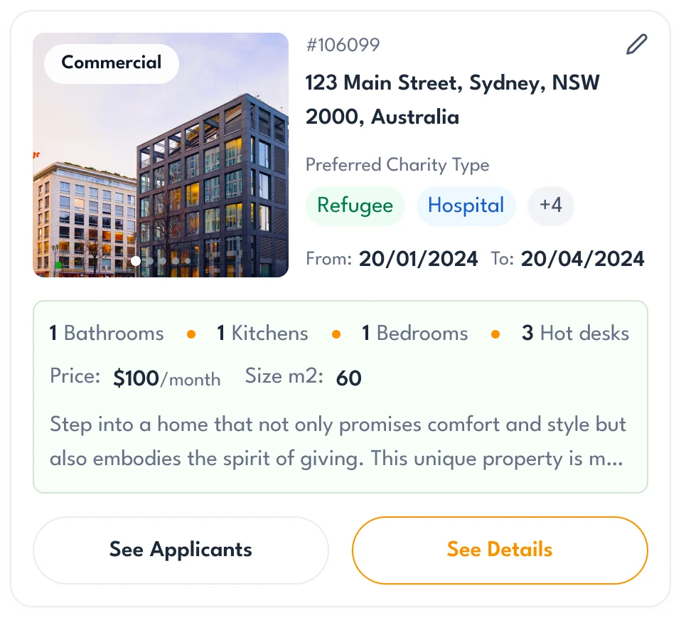 Property card as its owner sees it: an edit pencil, the listing number, a Sydney address, preferred charity types, dates, rooms, price and size, with See Applicants and See Details