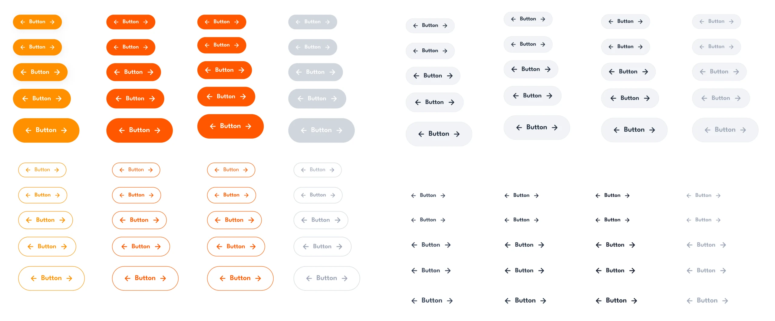 UI kit button sheet: filled orange, outlined, grey and text buttons in five sizes, each in default, hover, pressed and disabled states