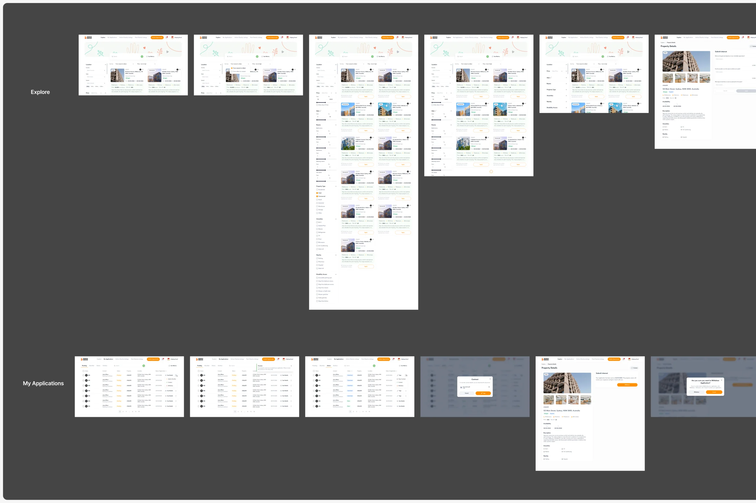 Screen map of the charity side: rows of Explore and My Applications screens with their filter, loading, detail, pop-up and notification states