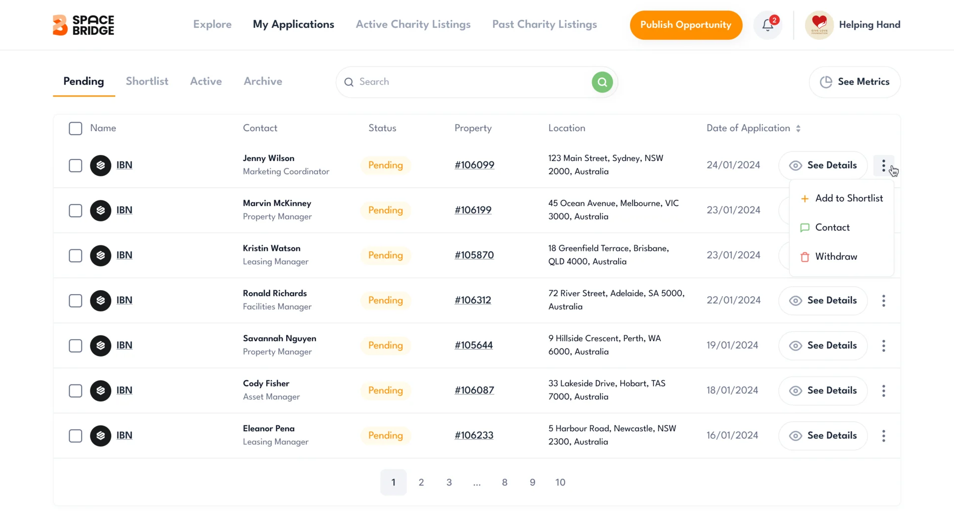 My Applications for a charity: Pending, Shortlist, Active and Archive tabs over seven applications with the owner, contact, status, property, location and date, and a row menu with Add to Shortlist, Contact and Withdraw