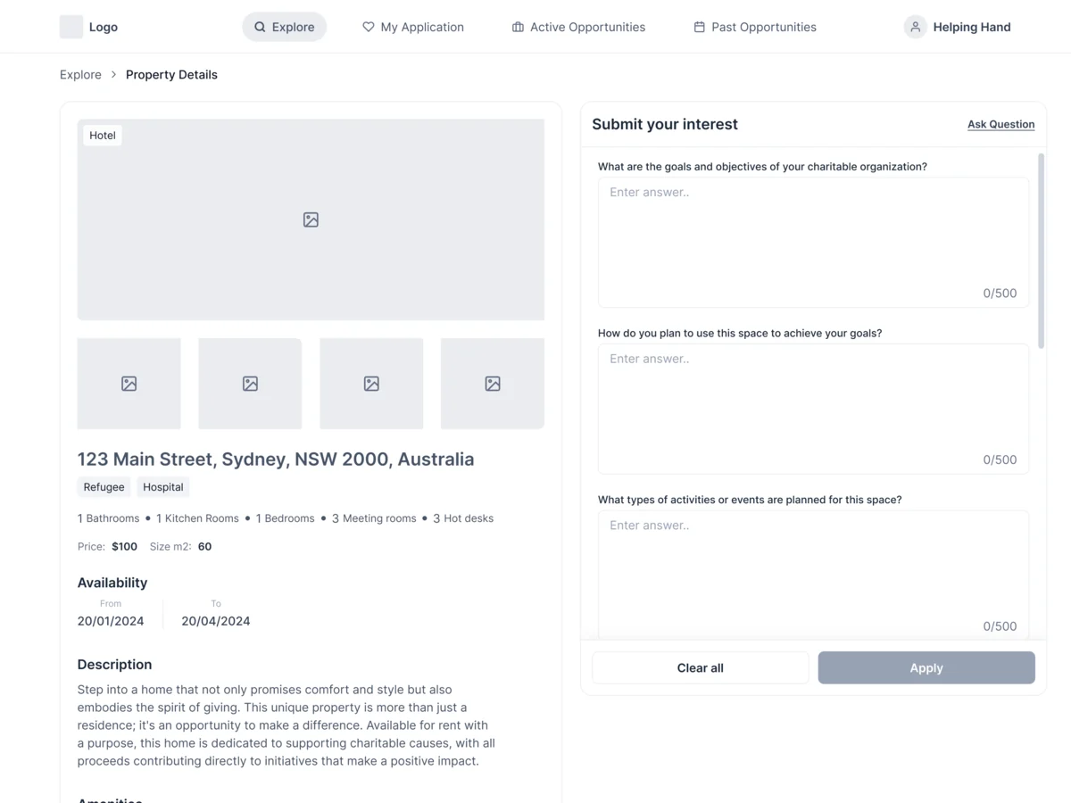 Grey wireframe of the charity’s property page: photo placeholders, address, tags, rooms, price, dates, description and the Submit your interest panel with the owner’s questions