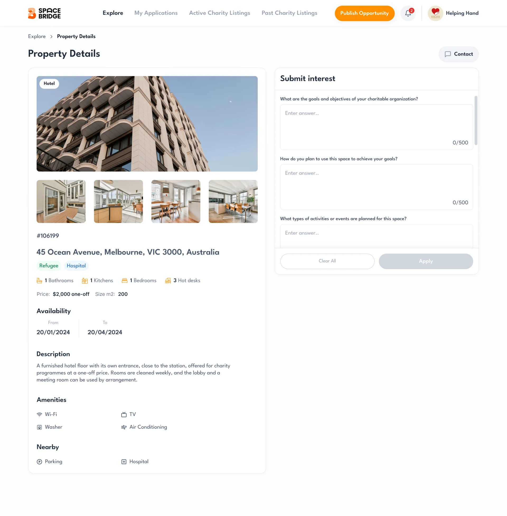 SpaceBridge property page for a charity: hotel photos, the listing number and a Melbourne address with Refugee and Hospital tags, rooms, price and size, availability dates, description, amenities and nearby services, and the Submit interest panel with the owner’s questions
