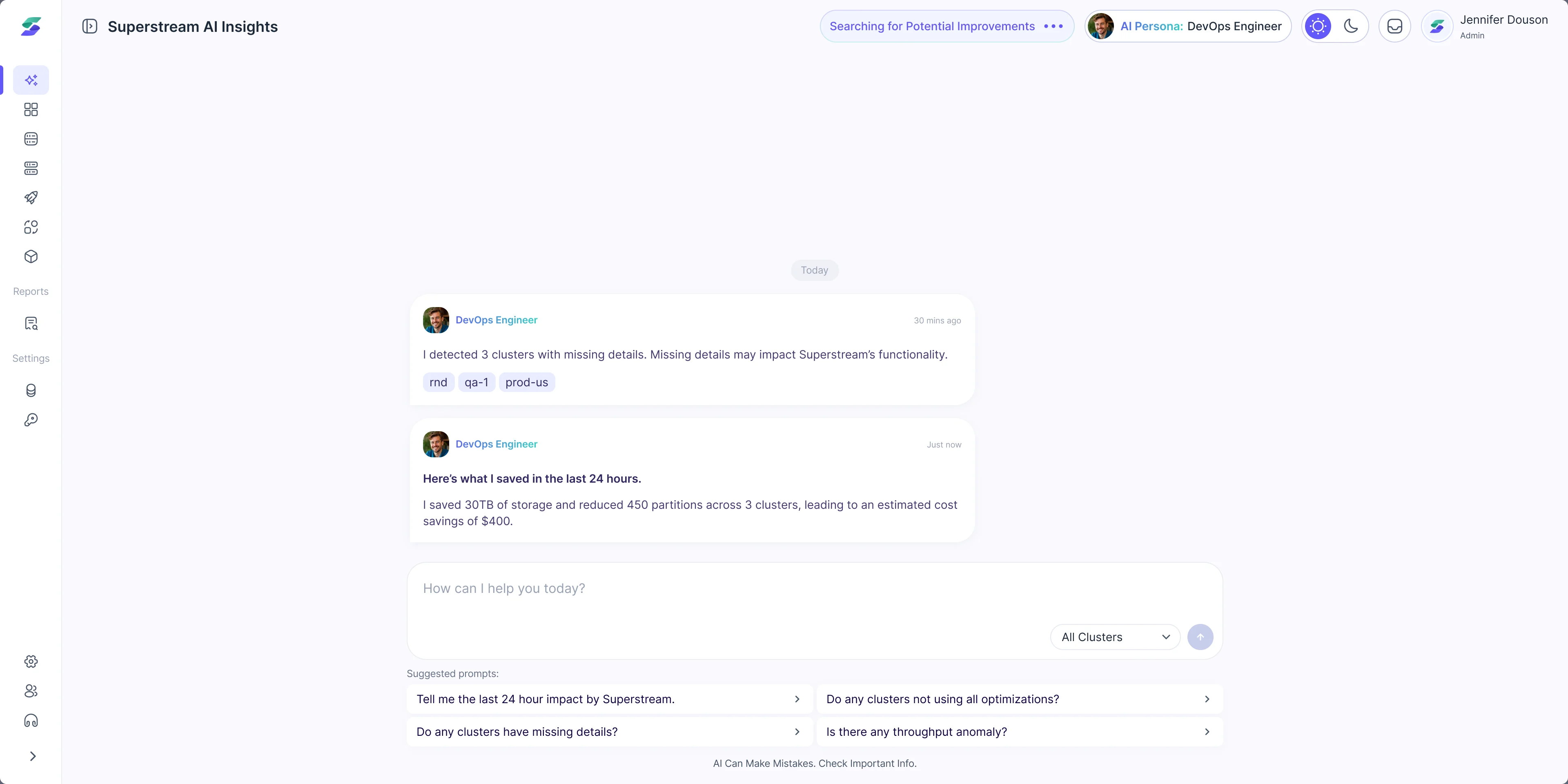 Superstream AI Insights: the DevOps Engineer persona reports three clusters with missing details and 30 TB of storage saved in the last 24 hours, with suggested questions under the input