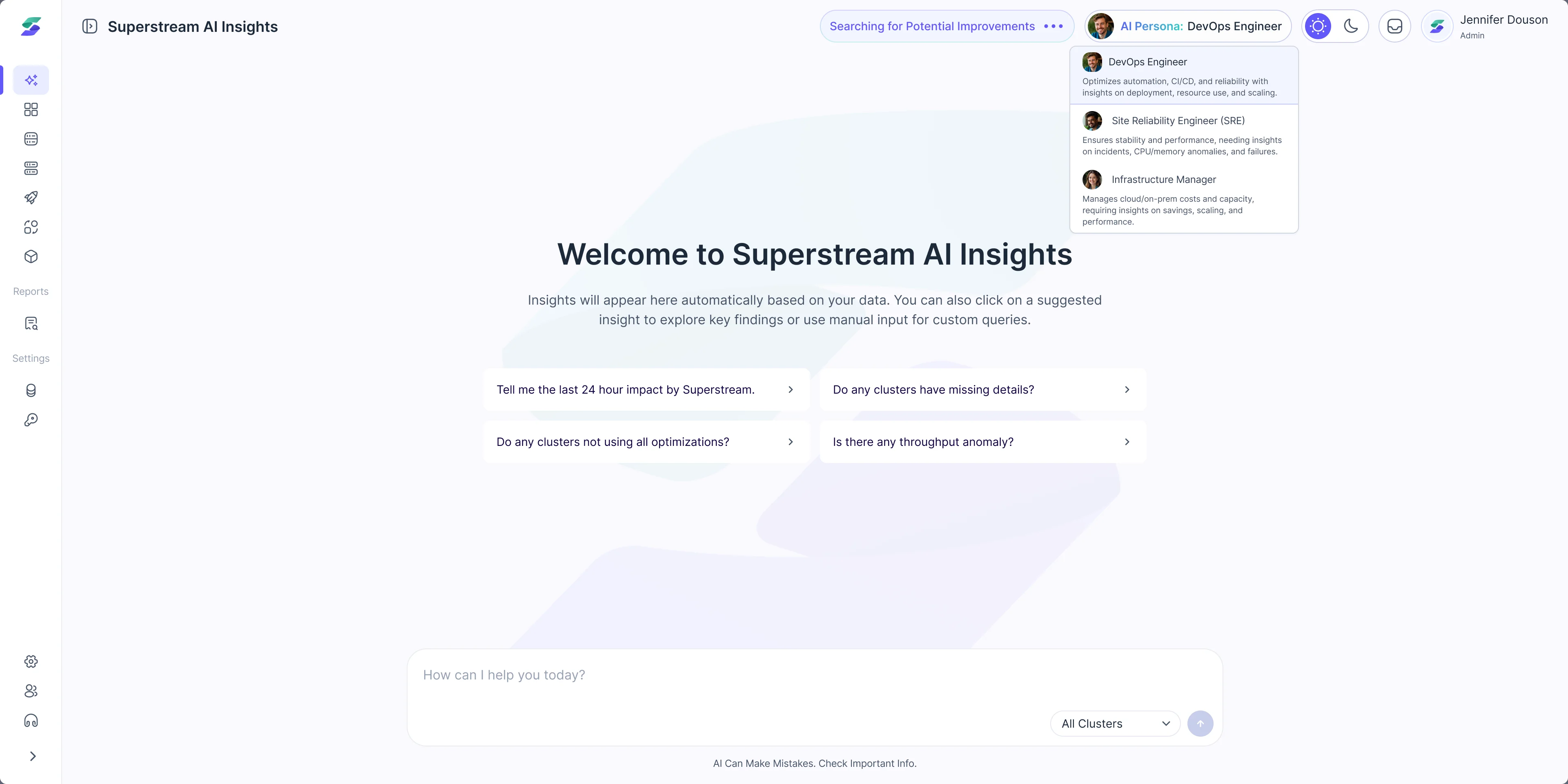 The AI persona menu open over the Superstream AI Insights welcome screen: DevOps Engineer, Site Reliability Engineer and Infrastructure Manager, each with what it focuses on