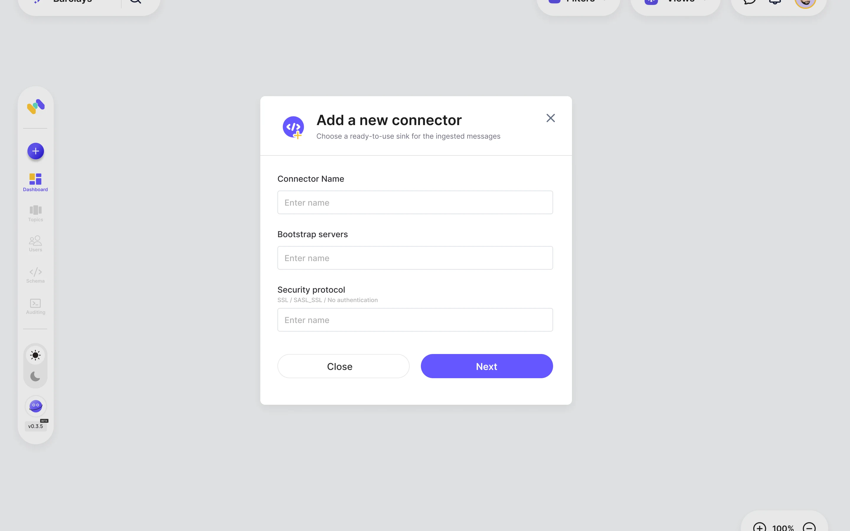 Superstream before the redesign: an Add a new connector modal with three bare fields, connector name, bootstrap servers and security protocol