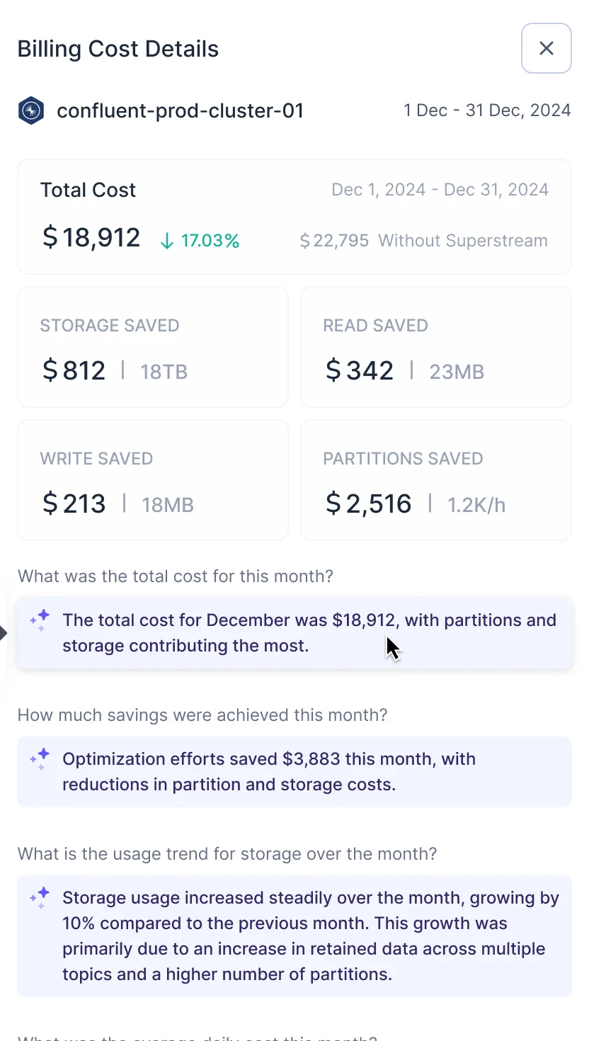 Billing Cost Details panel: total cost, storage, read, write and partition savings, then answers to what the total cost was, what was saved and how storage trended