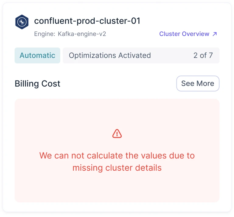 The same cluster card when the values cannot be calculated because cluster details are missing
