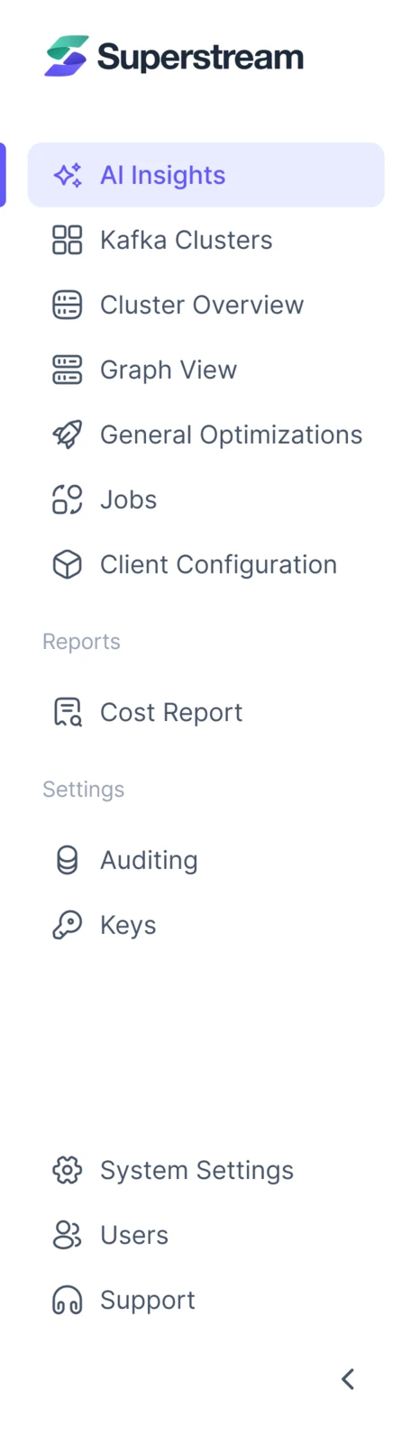 Superstream side menu: AI Insights, Kafka Clusters, Cluster Overview, Graph View, General Optimizations, Jobs, Client Configuration, then Reports, Settings, System Settings, Users and Support