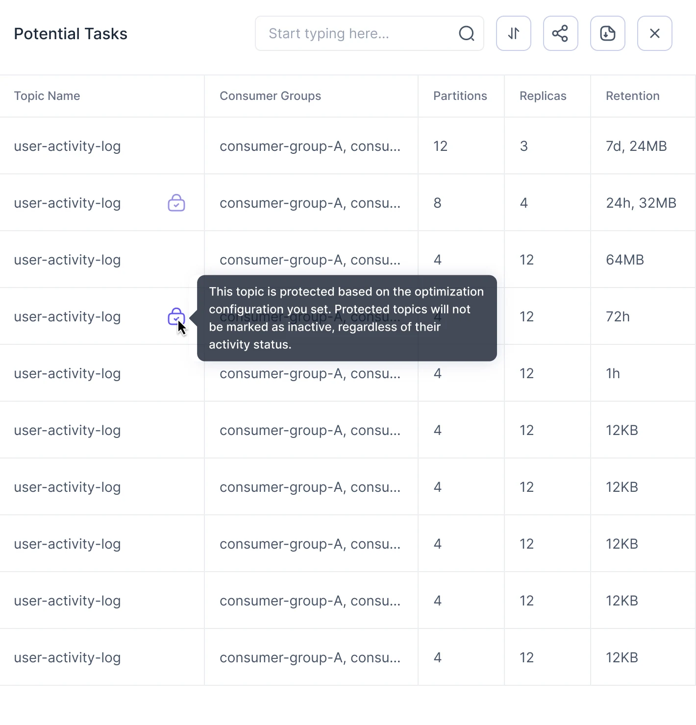 Potential Tasks panel listing topics with consumer groups, partitions, replicas and retention, with a tooltip explaining a protected topic