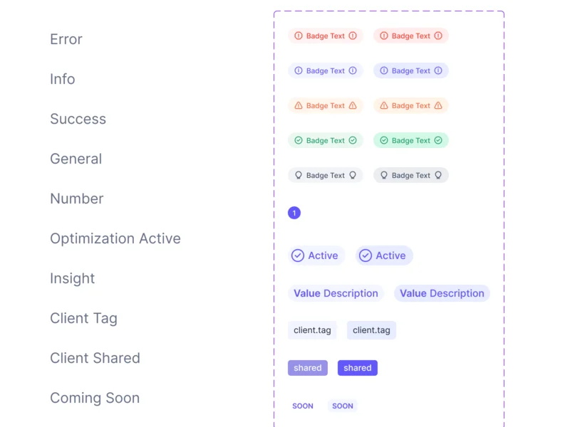 A page of the Superstream UI kit: badge variants for error, info, success, active optimizations, insights and client tags