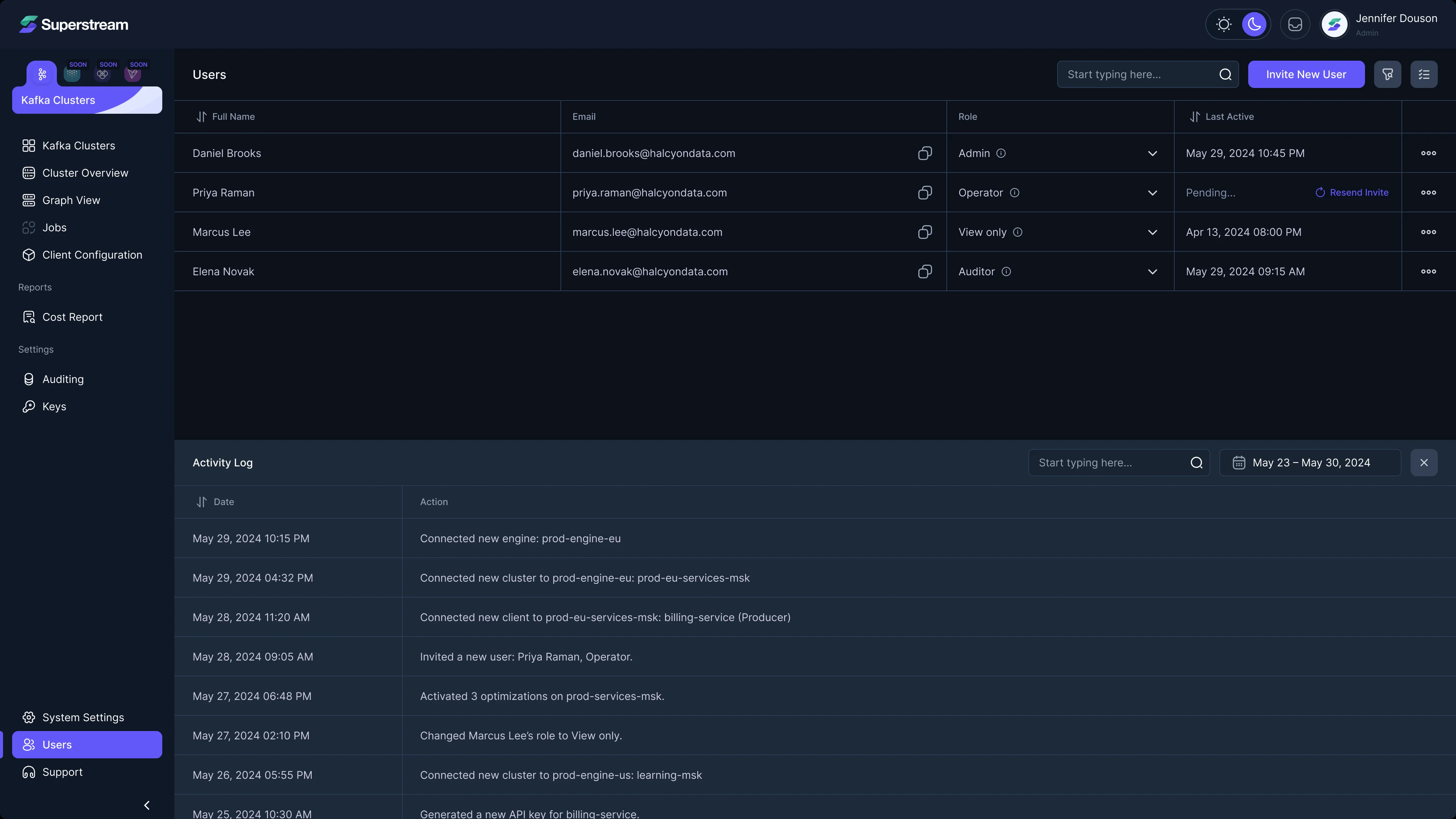 The same Users screen in the dark theme