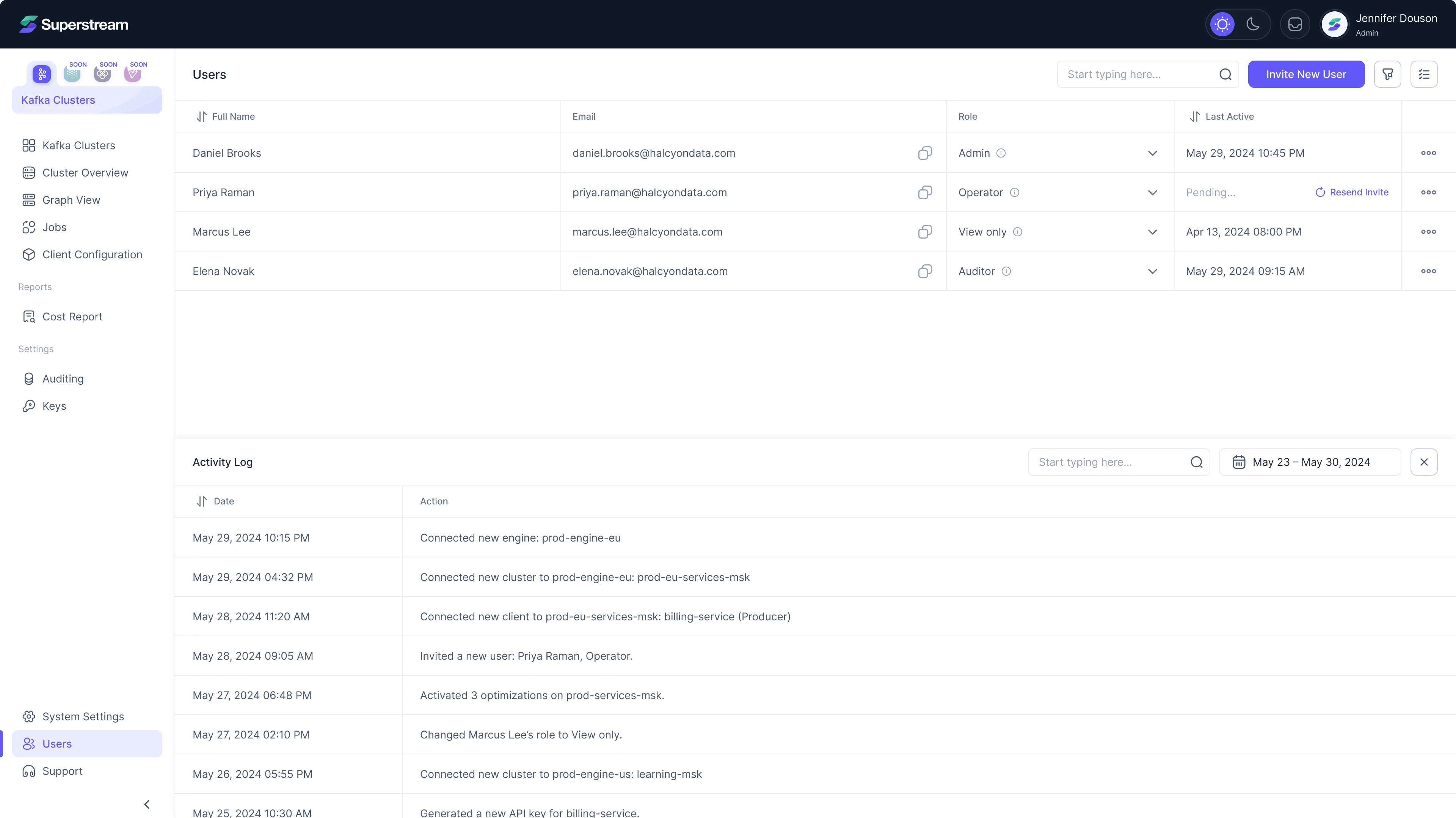 Superstream Users in the light theme: four people with their roles and last activity, the activity log of engine, cluster and user changes beneath