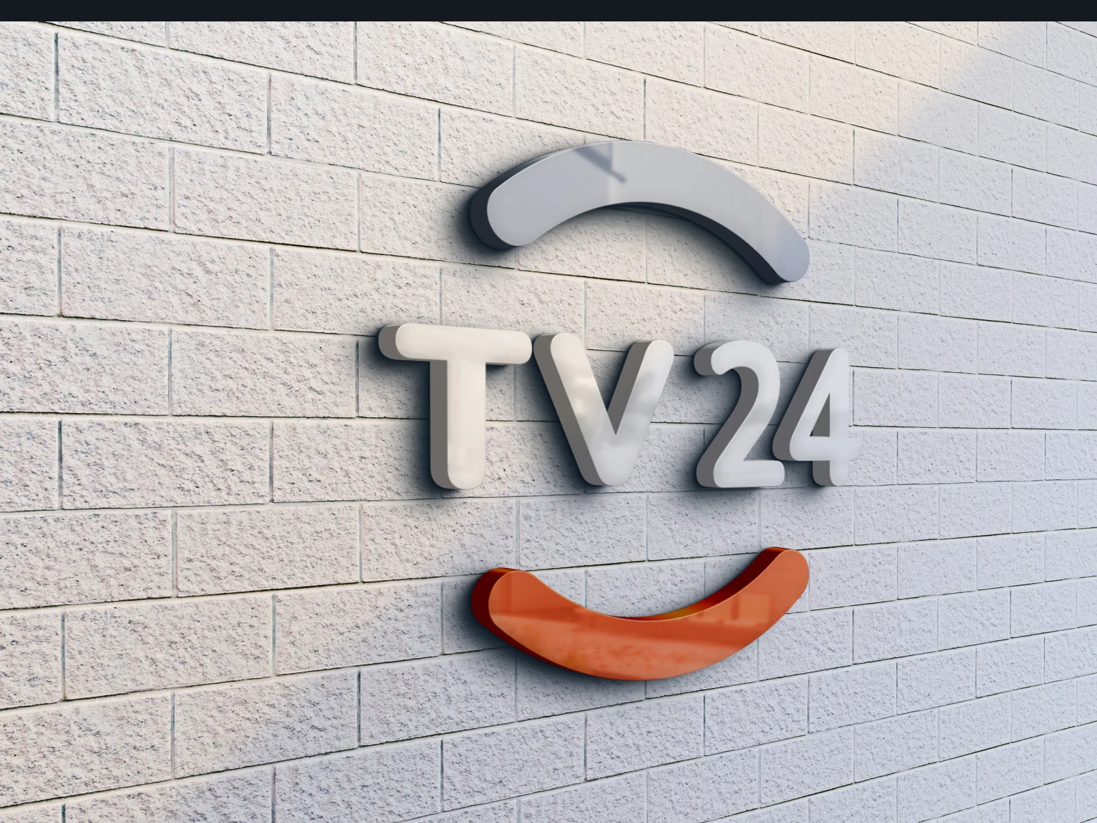 The TV24 logo mocked up as a three-dimensional sign on a white brick wall