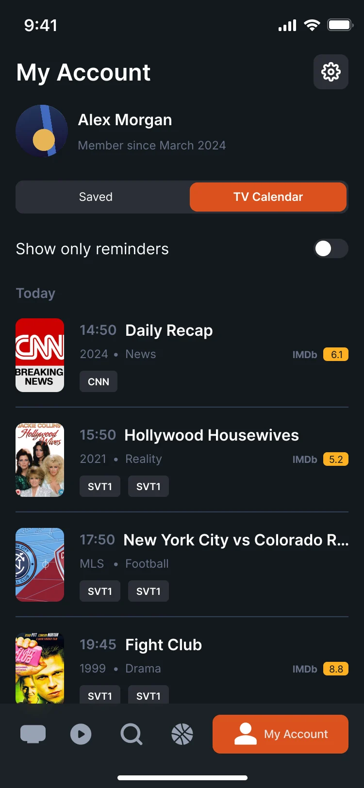 My Account, TV Calendar tab: today’s Daily Recap on CNN, Hollywood Housewives, New York City vs Colorado Rapids and Fight Club, with a Show only reminders switch