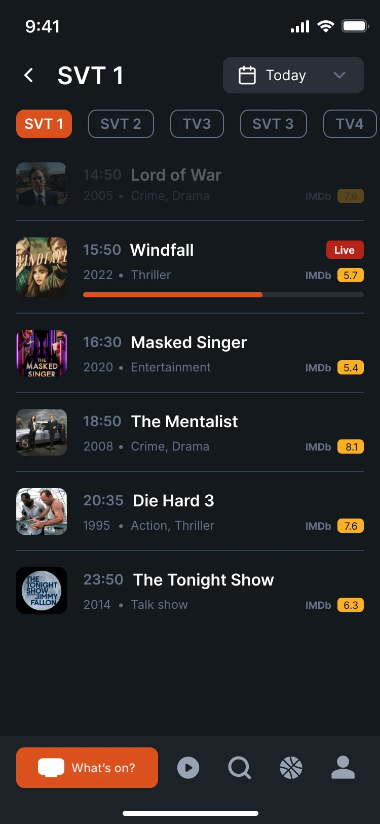TV24 SVT 1 channel page: Today, a strip of channels, Lord of War dimmed at 14:50, Windfall live at 15:50 with a progress bar, then Masked Singer, The Mentalist, Die Hard 3 and The Tonight Show