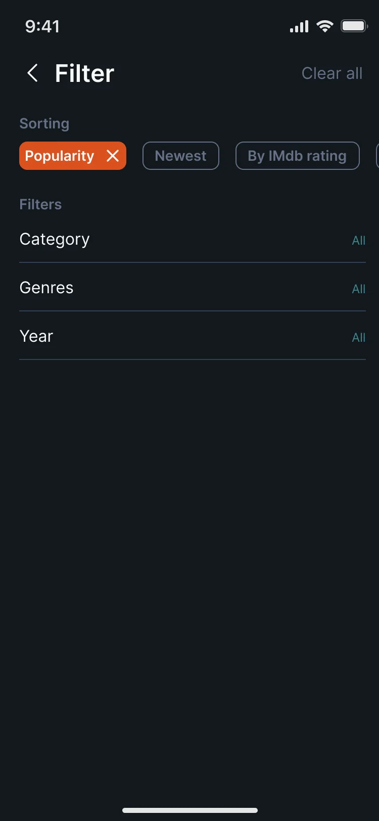 Filter for films and series: sort by popularity, newest or IMDb rating, and filter by category, genre and year