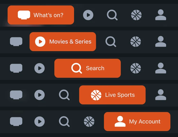 The TV24 tab bar five times, with What’s on, Movies & Series, Search, Live Sports and My Account active in turn