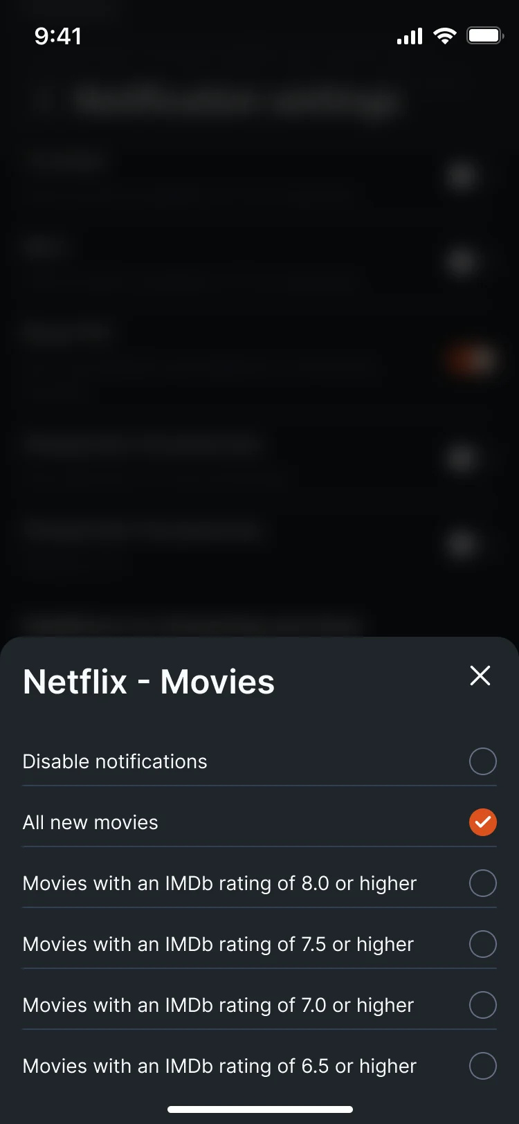 Notification settings with the Netflix – Movies sheet open: all new movies selected, or only movies rated 8.0, 7.5, 7.0 or 6.5 and higher