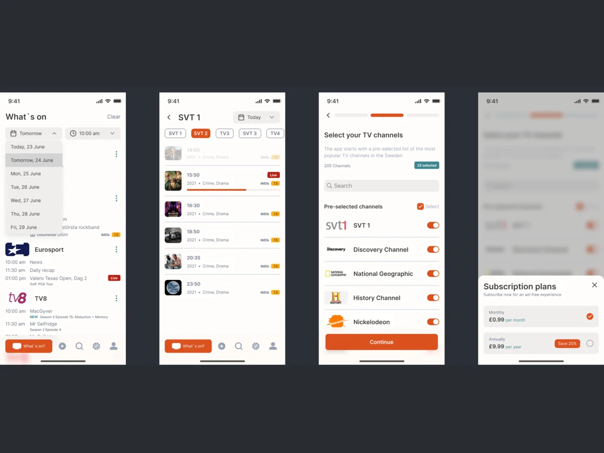 The recommended palette option in light mode: What’s on with the date list open, the SVT 1 channel page, channel set-up and the subscription sheet