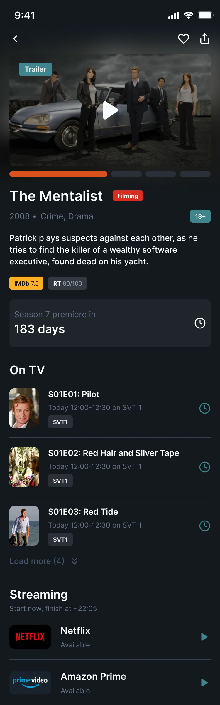 Series page for The Mentalist: trailer, rating, next season countdown, three episodes on SVT 1 with reminder buttons, and Netflix and Amazon Prime under Streaming