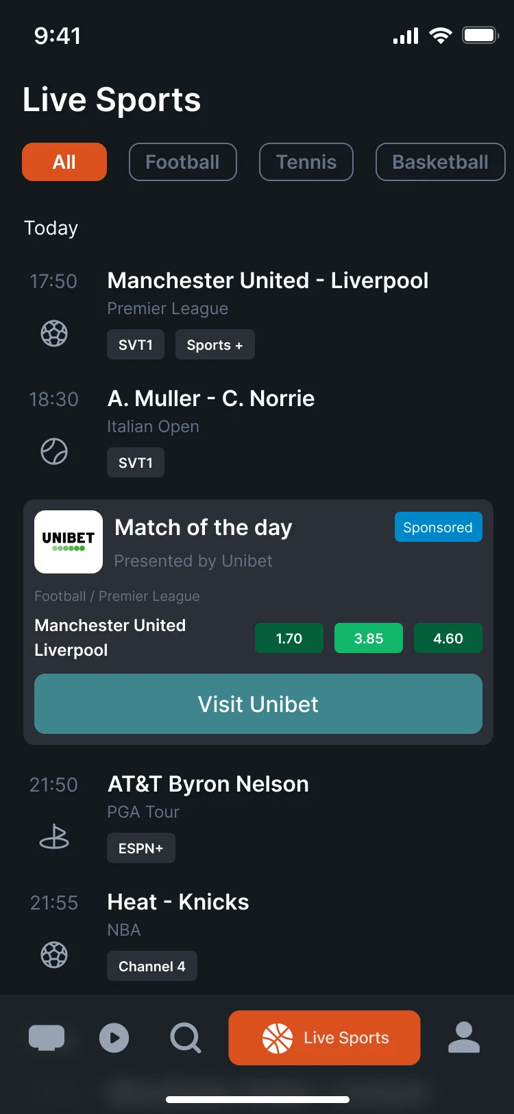 Live Sports on a phone: today’s matches with a sponsored Match of the day card between them