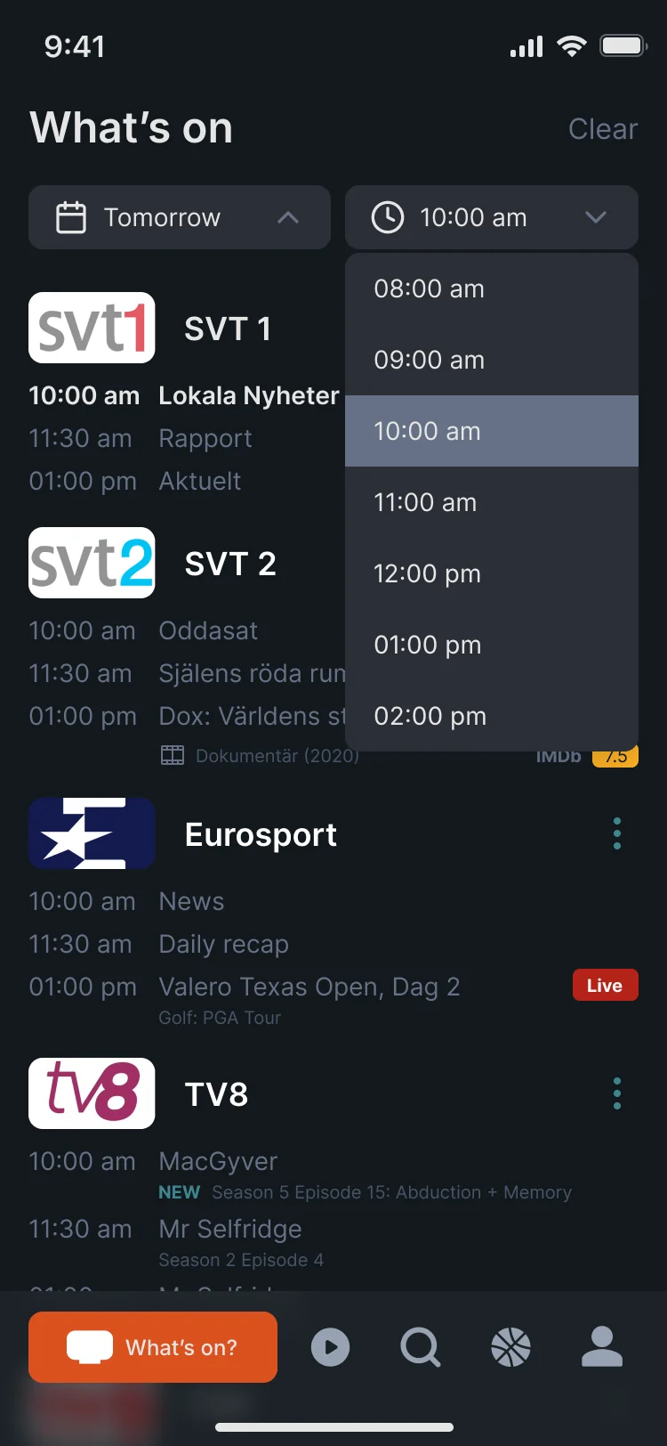 What’s on with the time list open, from 08:00 am to 02:00 pm, over the SVT 1, SVT 2, Eurosport and TV8 schedules